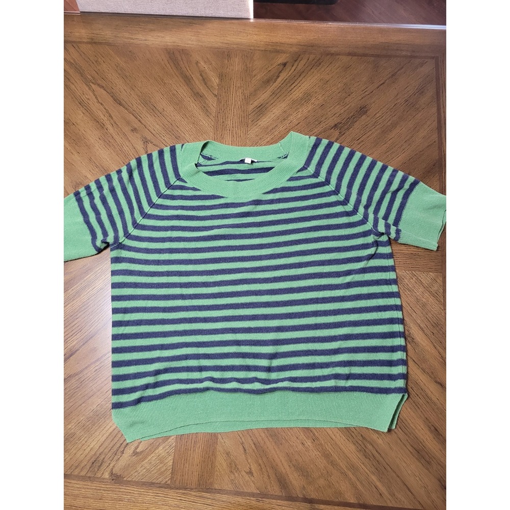 Talbots Womens Striped Knit Sweater Green‎ Navy Short Sleeve Crewneck XL Y2K